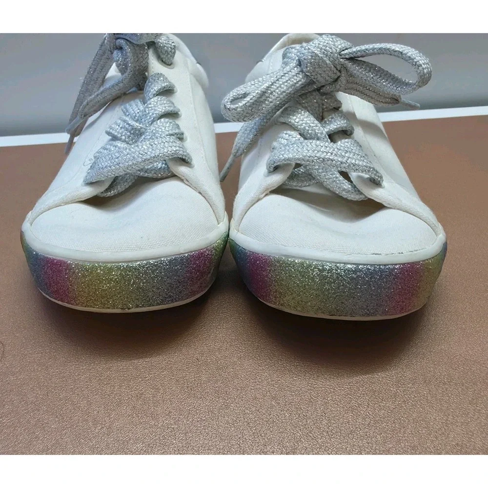 Gap Kids Cream Canvas Sneakers Sparkly Rainbow Trim Silver Laces Girls Size 4